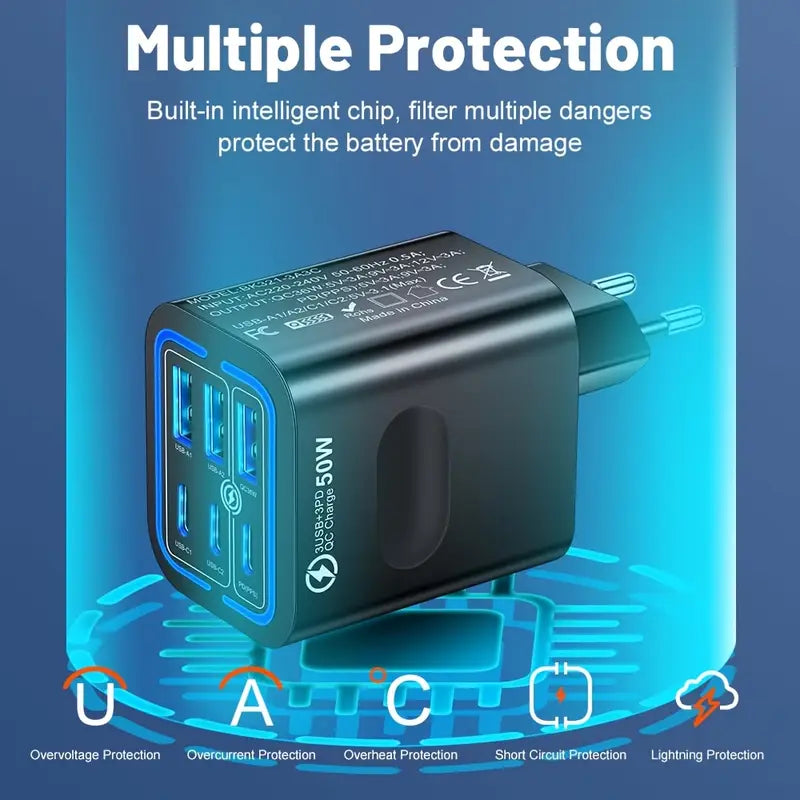 50W 6-Port USB-C Quick Charger – Multi-Device Fast Charging Hub