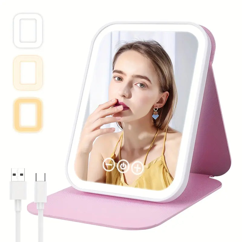 Portable Rechargeable Lighted Makeup Mirror – 3-Color Dimmable Touchscreen