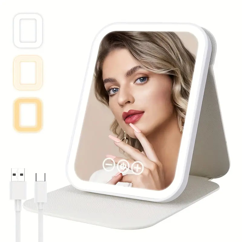 Portable Rechargeable Lighted Makeup Mirror – 3-Color Dimmable Touchscreen