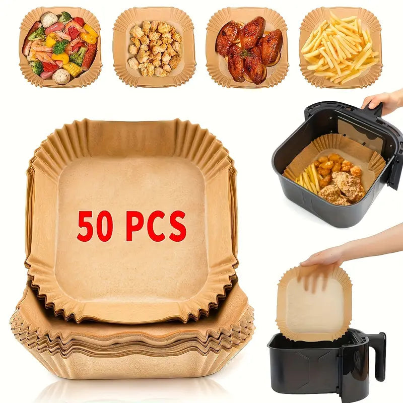 50 pc Air Fryer Disposable Paper Liners – Non-Stick, Waterproof & Heat-Resistant
